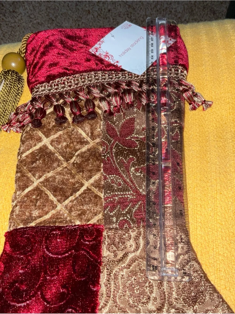 Christmas Stocking Patchwork Jacquard Velvet Cuff Tassel Burgundy Gold 20